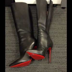 Christian Louboutin Black Knee-High Leather Pointed-Toe Heeled Boots - Authentic